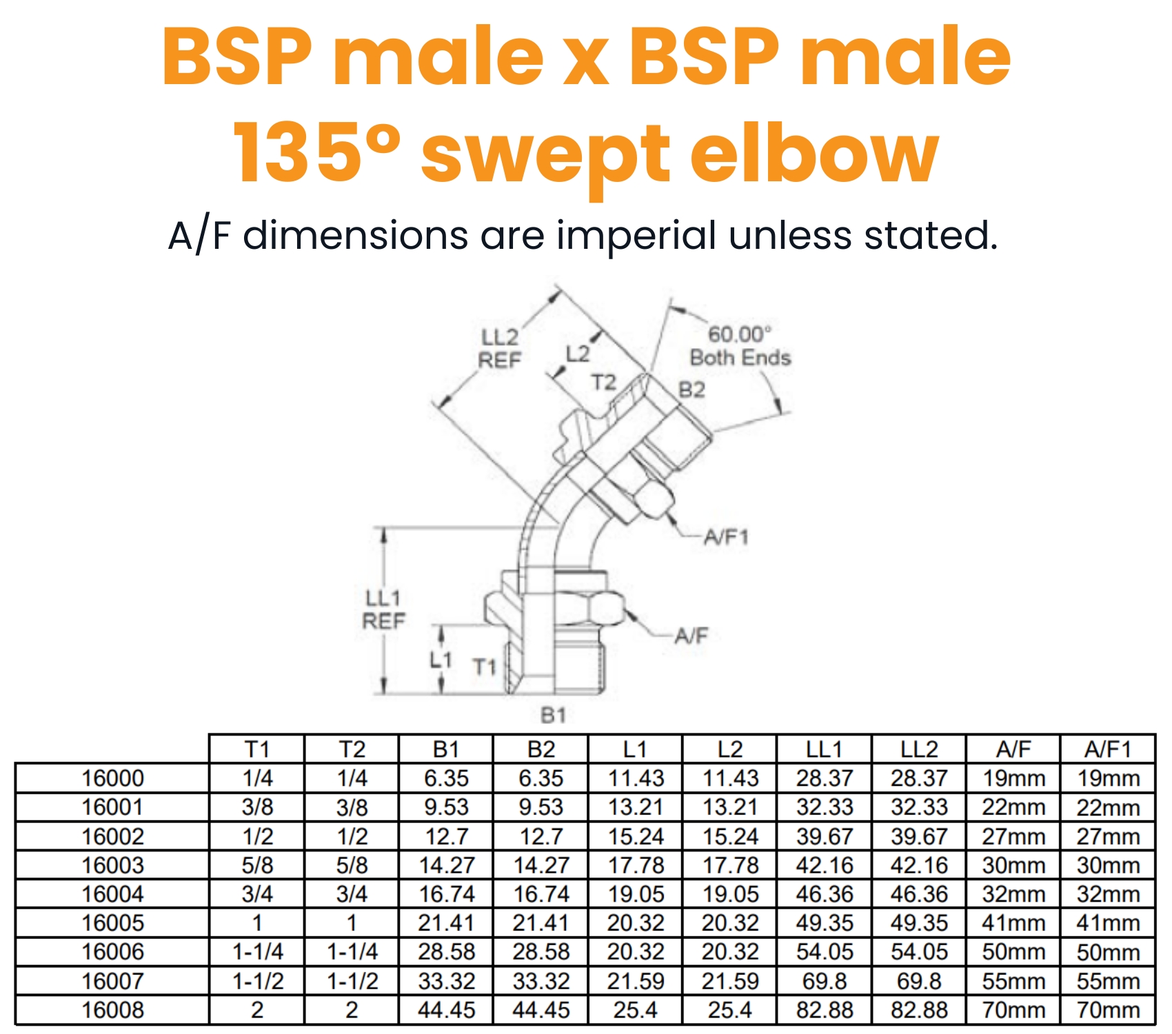 1/4 BSP M/M 135° Swept Hydraulic Adaptor